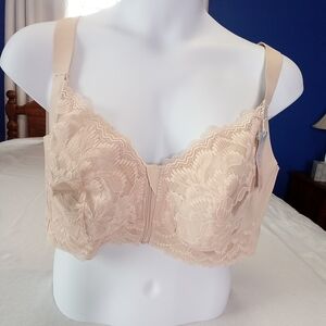 ZipLacy Beige Lace Bra Stretch Wide Straps Front Zip Convertible Size 5XL NWT